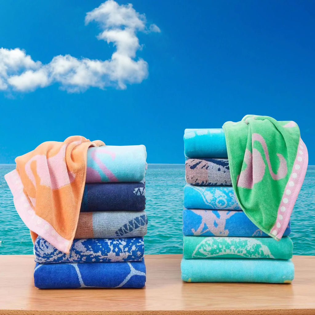 Great Bay Home Cotton Printed 2-Pack Beach Towel (2 Pack - 30" x 60", Seahorse Blue / Yellow)