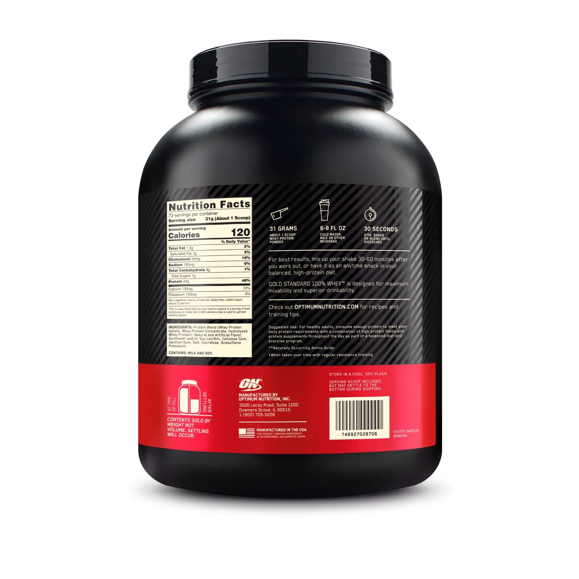 Optimum Nutrition, Gold Standard 100% Whey Protein Powder, Vanilla Ice Cream, 5 lb, 73 Servings