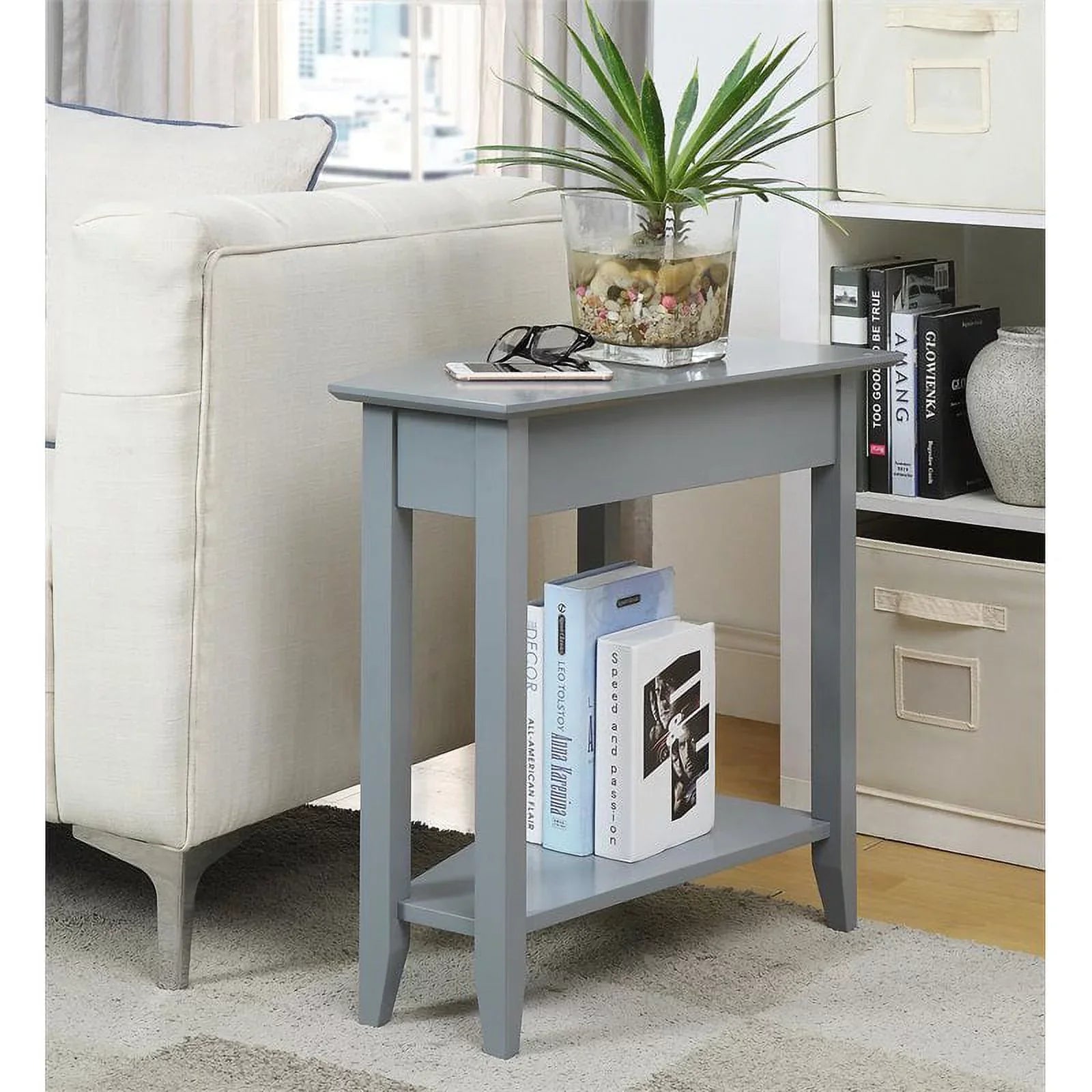 Pemberly Row Transitional MDF Wood Wedge End Table with Bottom Shelf in Gray