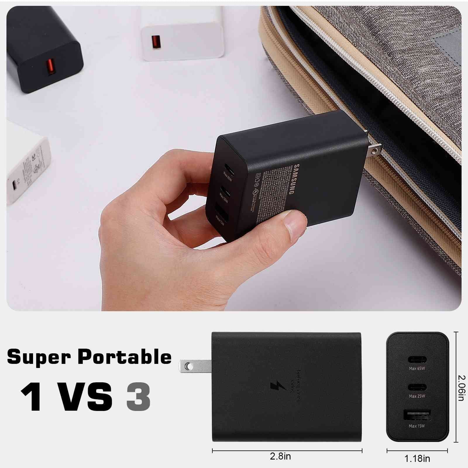 65W Fast Travel Charger with 3 Ports - USB & Dual USB-C - High-Speed Charging for Laptops, Phones vivo Y17/X27 Pro/S1 (China)/X27/iQOO iPhone, Samsung Galaxy, Google Pixel, , Steam Deck