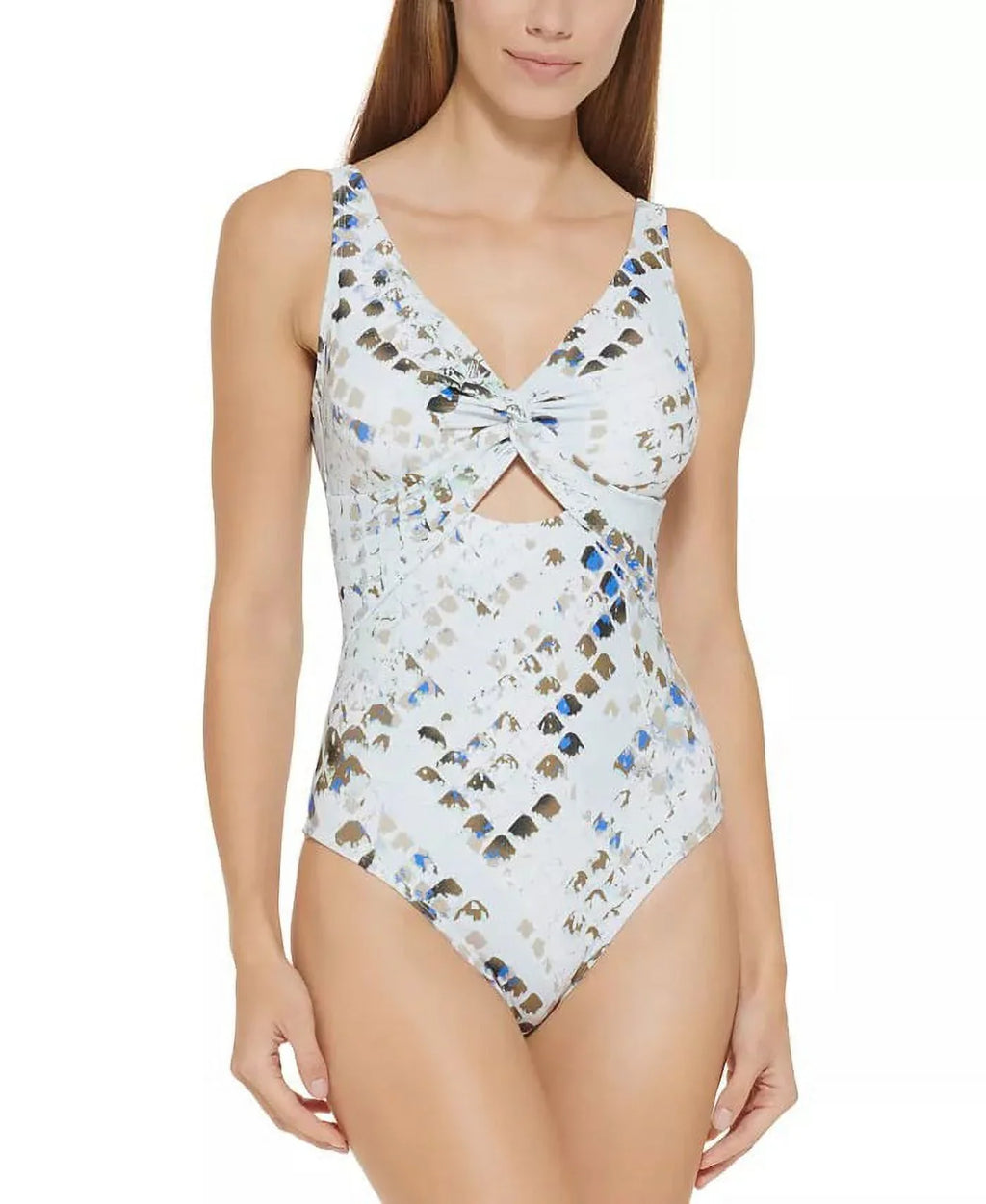 DKNY SPLASH MULTI Twist-Front Cutout One-Piece Swimsuit , US 8