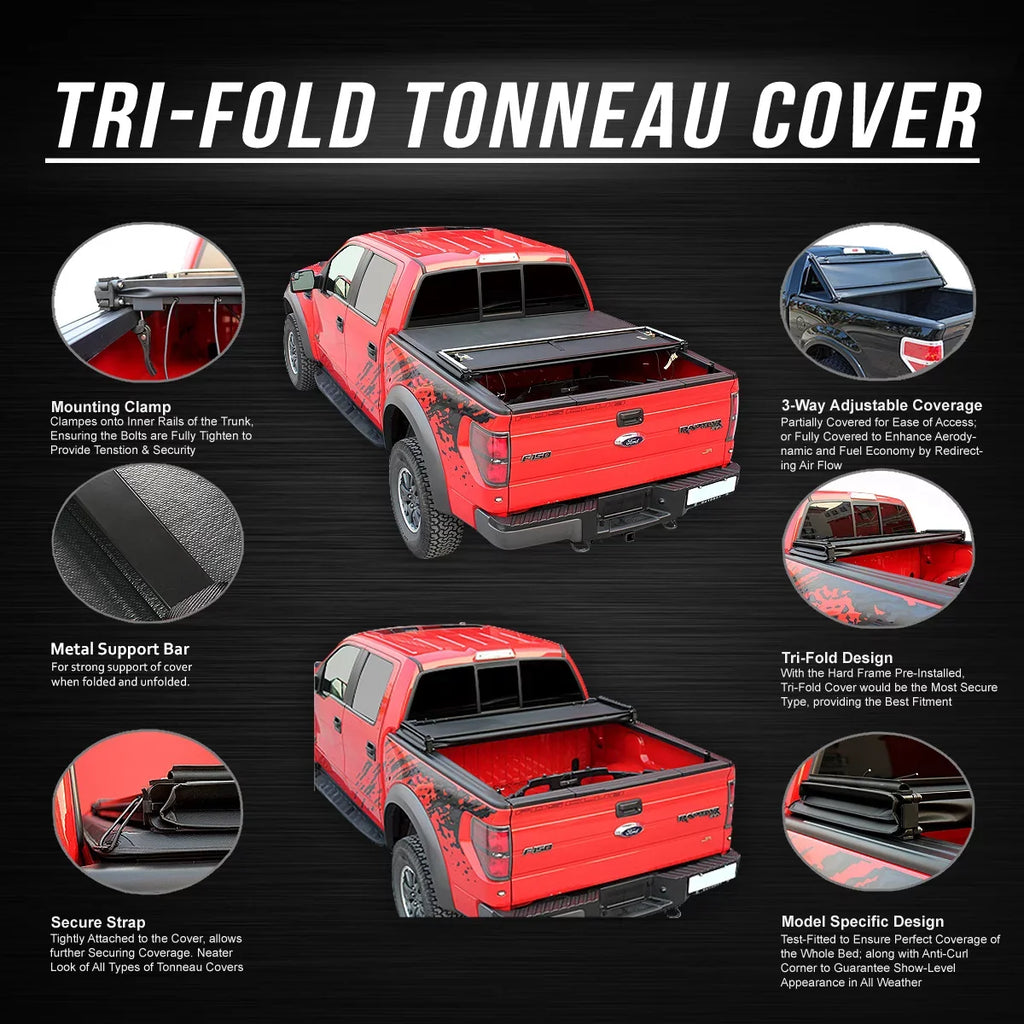 DNA Motoring TTC-TRISOFT-018 For 2009 to 2021 Ram Truck 1500 5.7' Bed Fleetside Tri -Fold Adjustable Soft Top Trunk Tonneau Cover