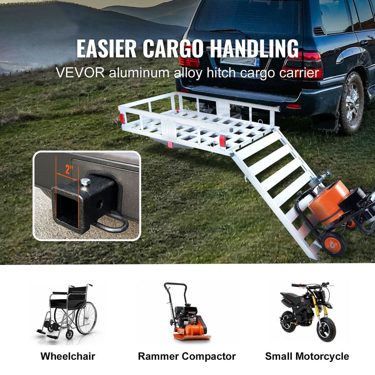 Hitch Mount Cargo Carrier 47x28x6 in 500lb and Folding Ramp Fits 2" Receiver