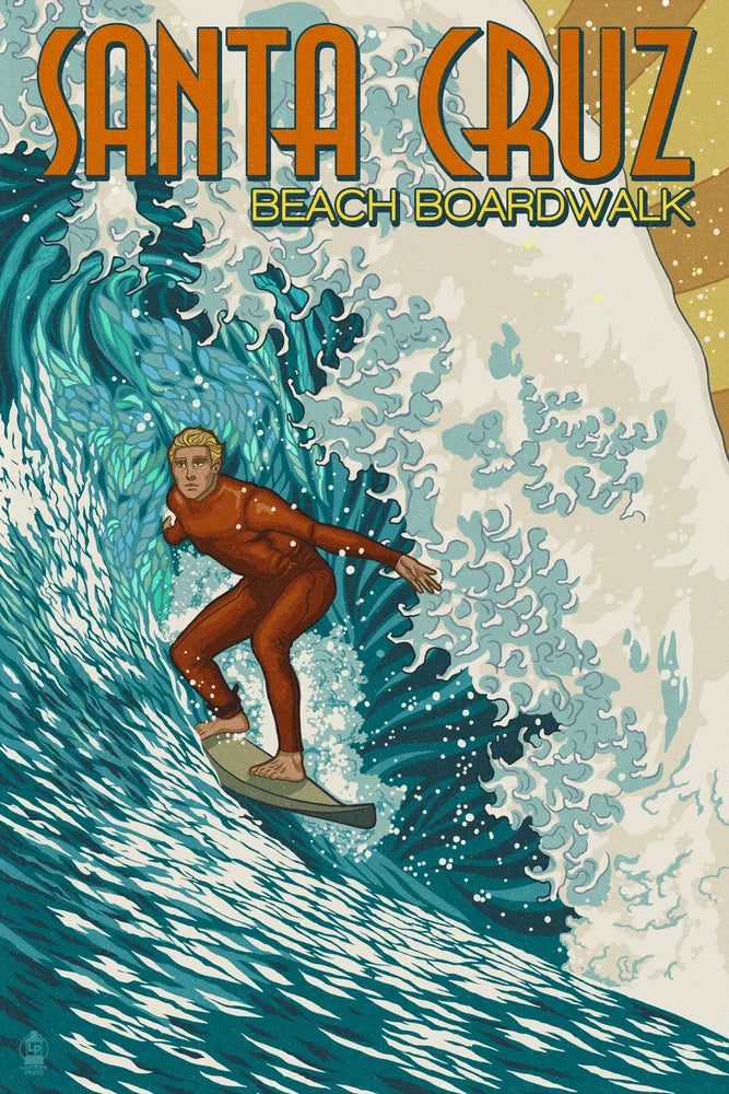 Santa Cruz, California, Stylized Surfer (19x27 inches, Premium 500 Piece Jigsaw Puzzle for Adults and Family, Made in USA)
