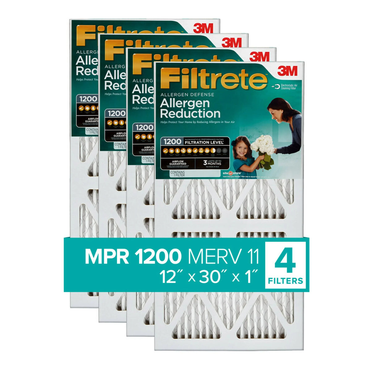 Filtrete by 3M 12x30x1, MERV 11, Allergen Reduction HVAC Furnace Air Filter, 1200 MPR, 4 Filters
