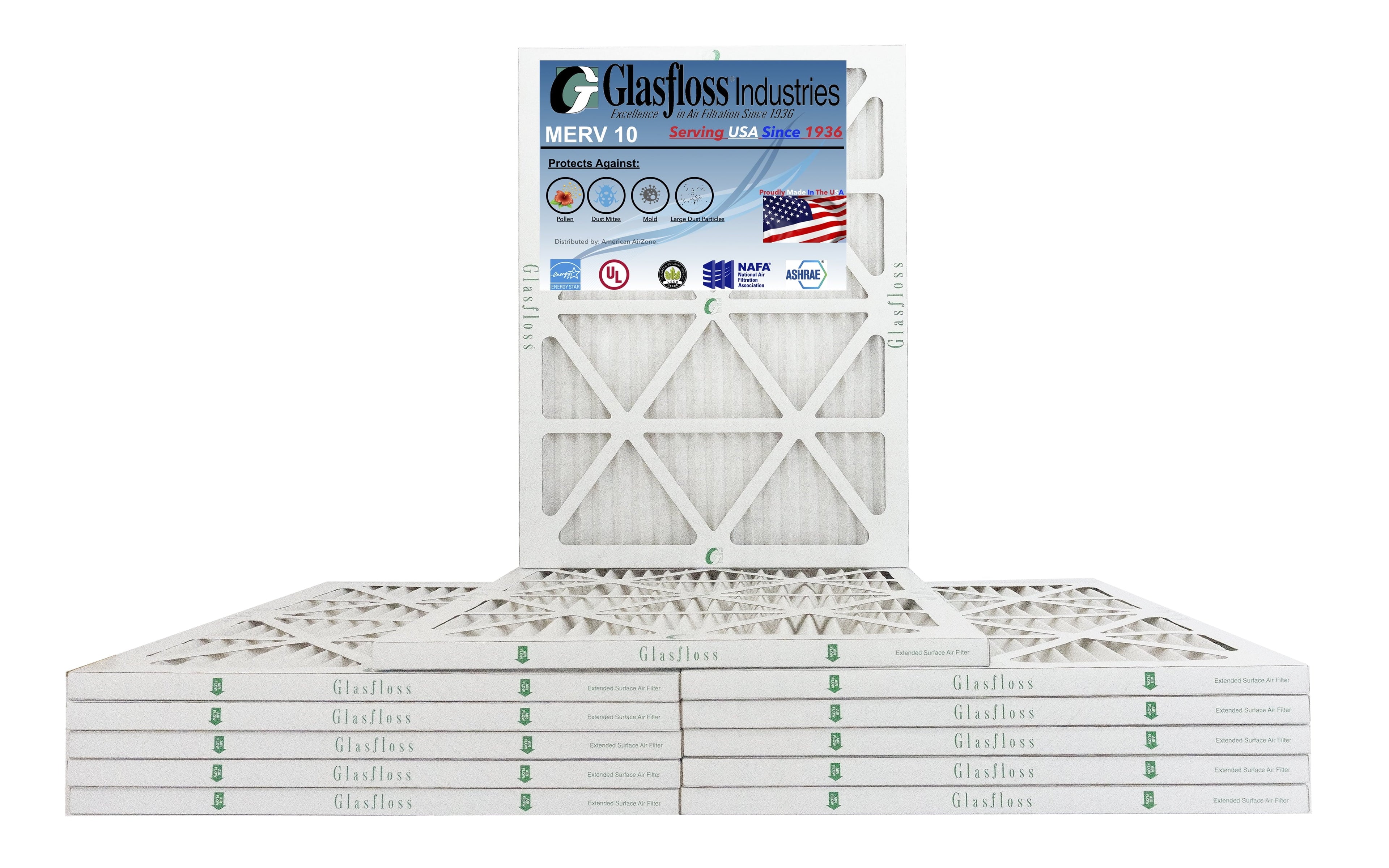 Glasfloss 16x20x1 - MERV 10 -Qty:12 - Furnace Air Filter - Made in USA (Actual Size: 15.5 x 19.5x7/8 inch)