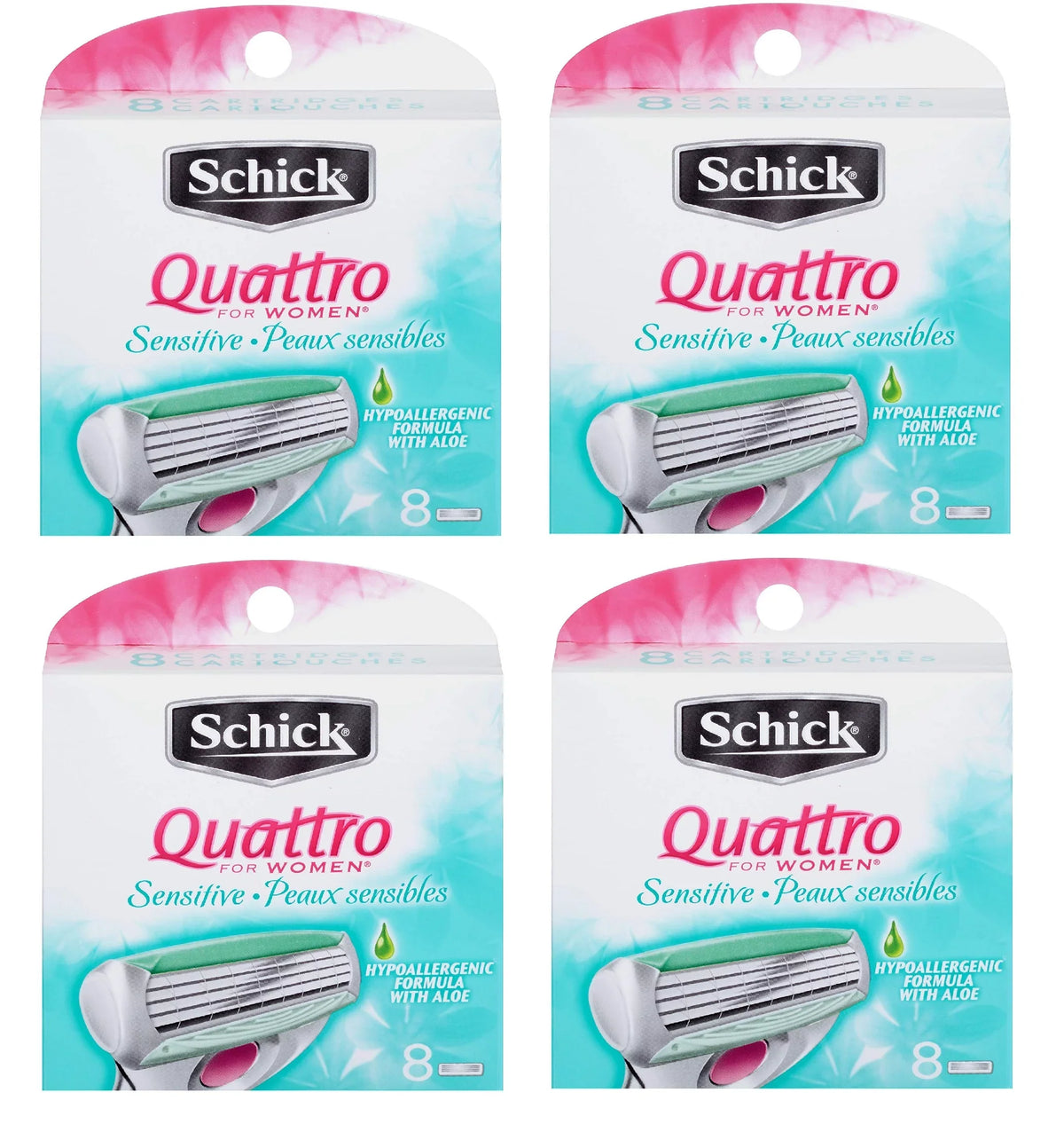 Schick Quattro for Women Sensitive Hypo Allergenic Aloe Refill Blade Cartridges, 8 Count (Pack of 4)