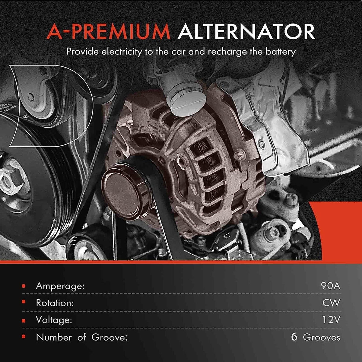 A-Premium Alternator Compatible with Isuzu Trooper 2000-2002 & Acura SLX 1999, V6 3.5L, 90Amp 12Volt CW 6-Groove Clutch Pulley