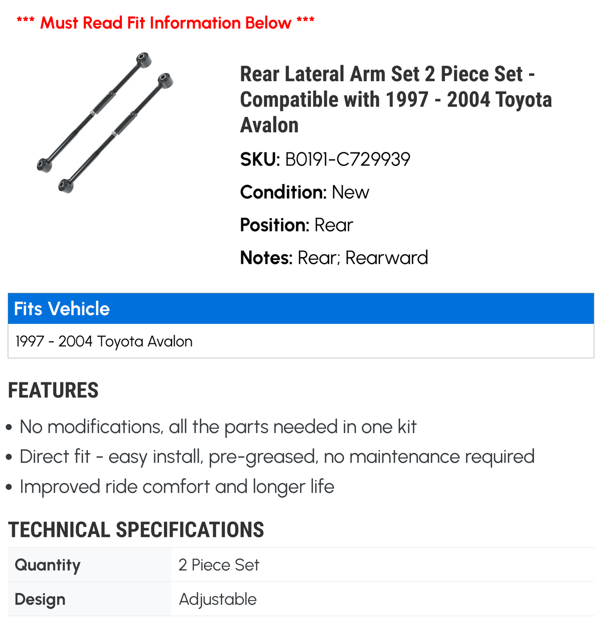 Rear Lateral Arm Set 2 Piece Set - Compatible with 1997 - 2004 Toyota Avalon 1998 1999 2000 2001 2002 2003