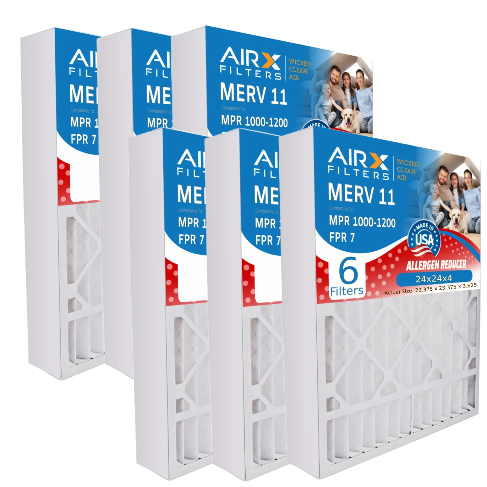 24x24x4 Air Filter MERV 13 Comparable to MPR 1500 - 2200 & FPR 9 Electrostatic Pleated Air Conditioner Filter 6 Pack HVAC AC Premium USA Made 24x24x4 Furnace Filters by AIRX FILTERS WICKED CLEAN AIR.