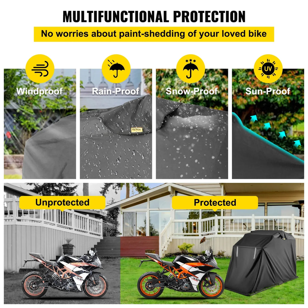 VEVORbrand Waterproof Heavy Duty Motorcycle Shelter Shed, 600D Oxford Motorbike Shed Anti-UV, 106.3"x41.3"x62.9" Shelter Storage Garage Covering with Lock and Weight Bag, Black