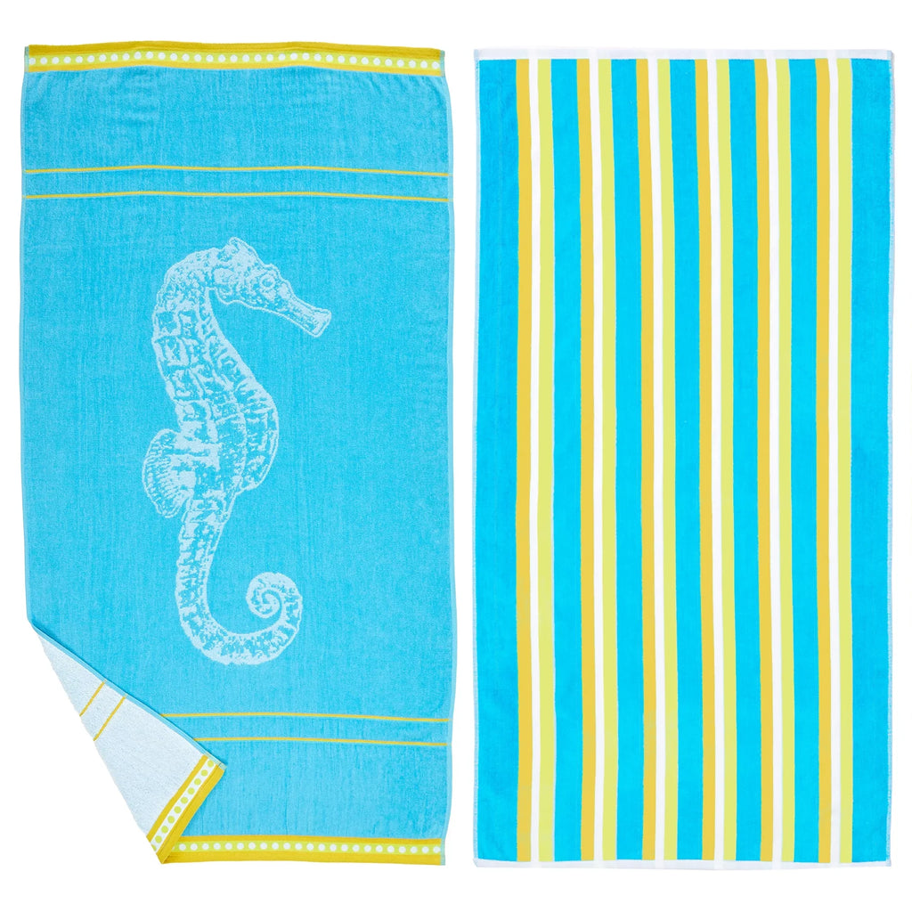 Great Bay Home Cotton Printed 2-Pack Beach Towel (2 Pack - 30" x 60", Seahorse Blue / Yellow)