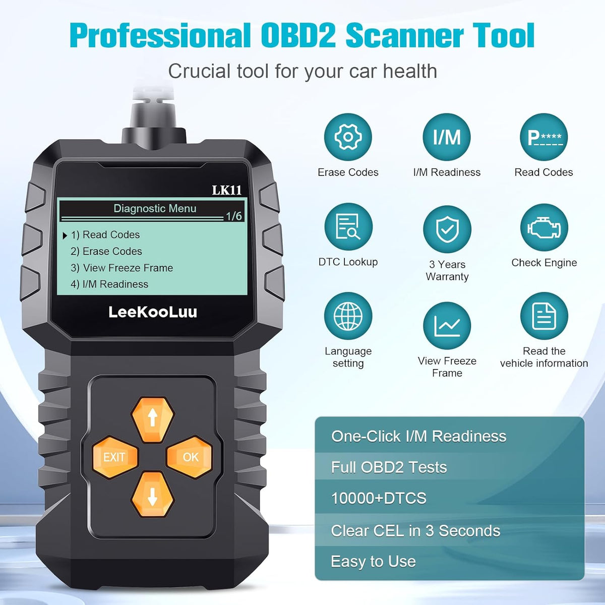 OBD2 Scanner Clear Reset Engine Alert Code - Plug and Play Easy to Setup Use Professional Code Reader Scan Diagnostic for Cars Since 1996 with Freeze Frame/I/M Readiness - LeeKooLuu LK11