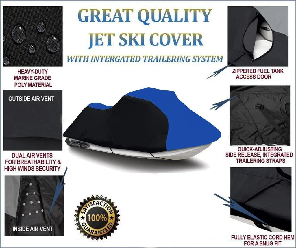 BLACK / BLUE HEAVY-DUTY, PWC 600D JET SKI Cover Compatible for Yamaha Wave Runner XLT 1200 2001 2002 2003 2004 2005