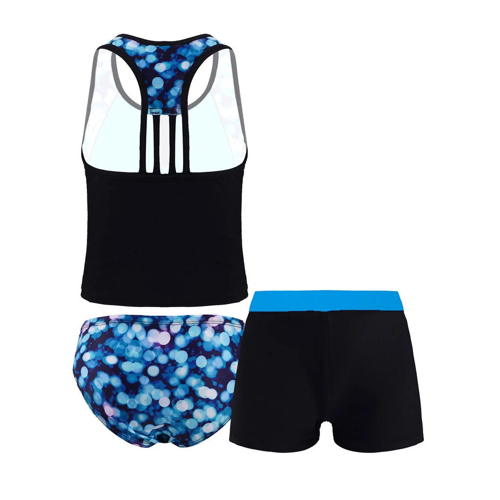 INHZOY 3 Pieces Girls Tankini Swimsuit Set Summer Bathing Suit Floral Hawaii Beach Swimwear,Sizes 4-16 Blue 8