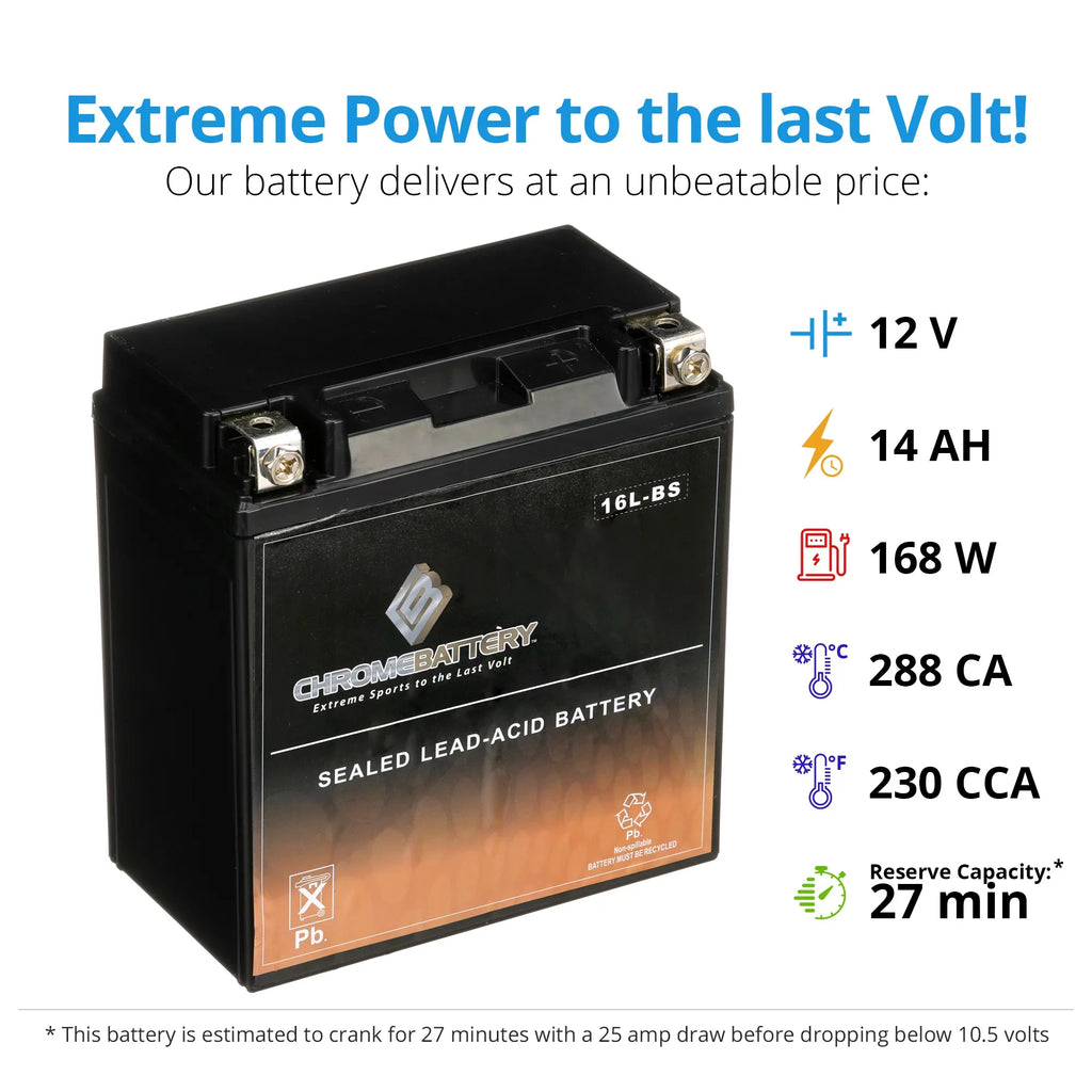 Chrome Battery YTX16L-BS (16L-BS 12 Volt,14 Ah, 230 CCA) Jet Ski Battery for Kawasaki 750cc Jh750 Ss St Xi Xir 1995