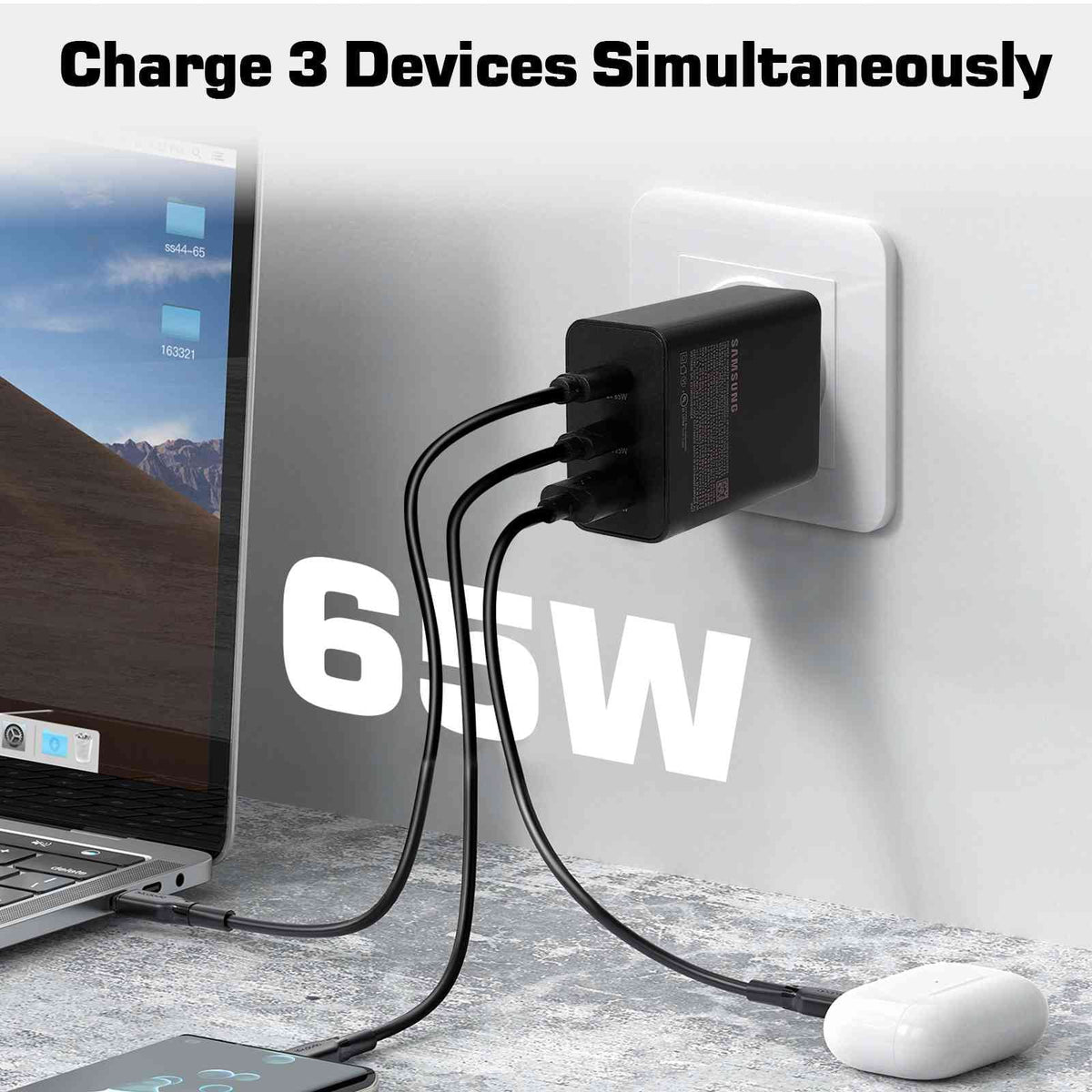 65W Fast Travel Charger with 3 Ports - USB & Dual USB-C - High-Speed Charging for Laptops, Phones vivo Y17/X27 Pro/S1 (China)/X27/iQOO iPhone, Samsung Galaxy, Google Pixel, , Steam Deck