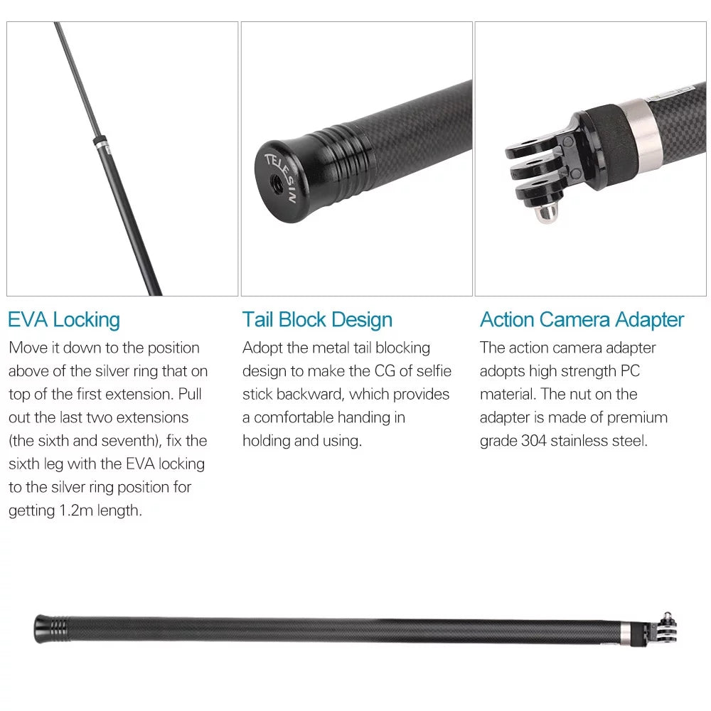 2.7M106 Inch Ultra Long Carbon Fiber Selfie Stick Lightweight Extendable Handheld Pole Monopod Replacement for Hero 11109876Hero 5 Black(2018) Replacement for One R OSMO Action