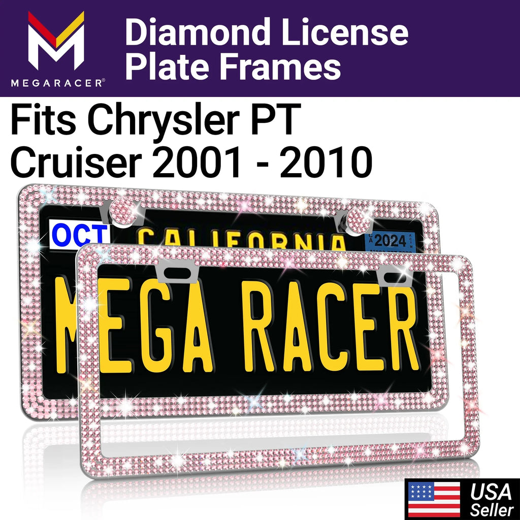 Mega Racer Chrysler PT Cruiser Bling License Plate Frames Diamond Pink Rhinestones, 2 Holes with Mounting Screws, Chrysler PT Cruiser 2001 - 2010 01 - 10 Sparkly Car License Plate Frame