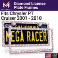 Mega Racer Chrysler PT Cruiser Bling License Plate Frames Diamond Pink Rhinestones, 2 Holes with Mounting Screws, Chrysler PT Cruiser 2001 - 2010 01 - 10 Sparkly Car License Plate Frame