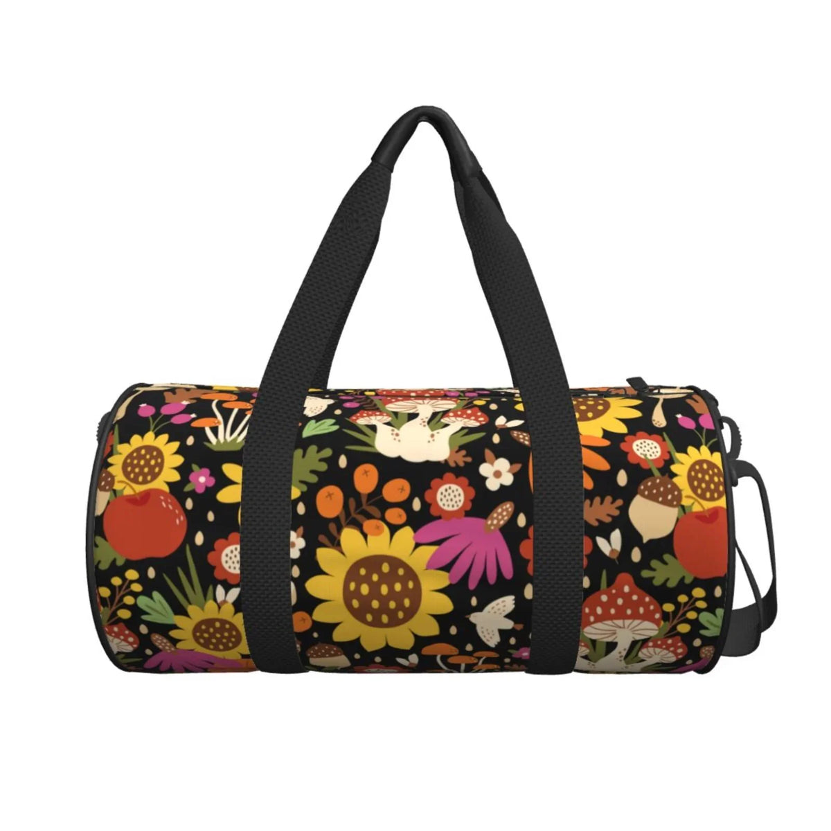 Coaee Sunflowers Mushrooms Large Capacity Travel Luggage Bag Cylinder Gym Bag Waterproof Sports Bag with Pocket and Compartment