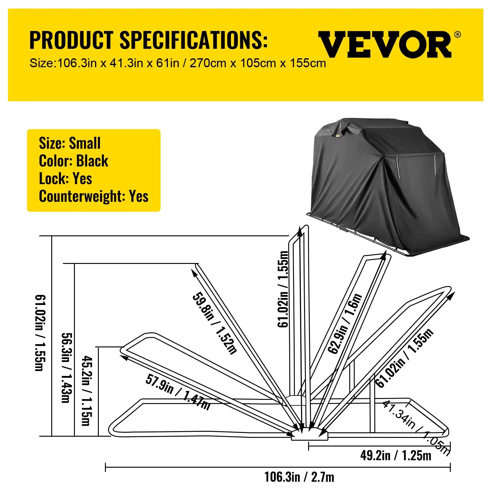 VEVORbrand Waterproof Heavy Duty Motorcycle Shelter Shed, 600D Oxford Motorbike Shed Anti-UV, 106.3"x41.3"x62.9" Shelter Storage Garage Covering with Lock and Weight Bag, Black
