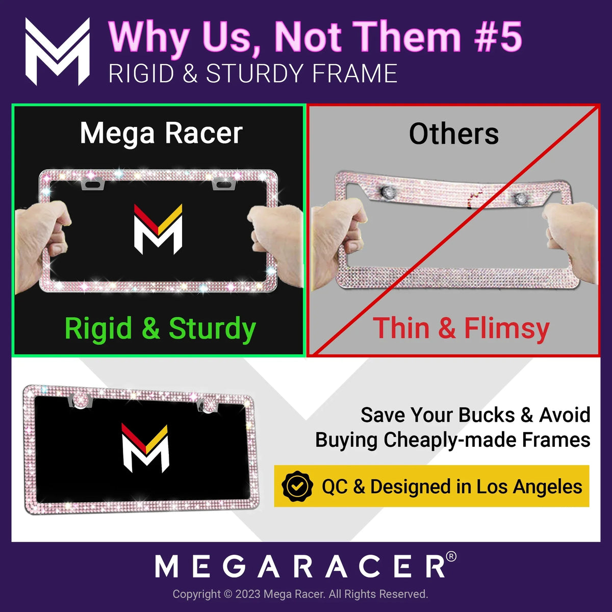Mega Racer Chrysler PT Cruiser Bling License Plate Frames Diamond Pink Rhinestones, 2 Holes with Mounting Screws, Chrysler PT Cruiser 2001 - 2010 01 - 10 Sparkly Car License Plate Frame