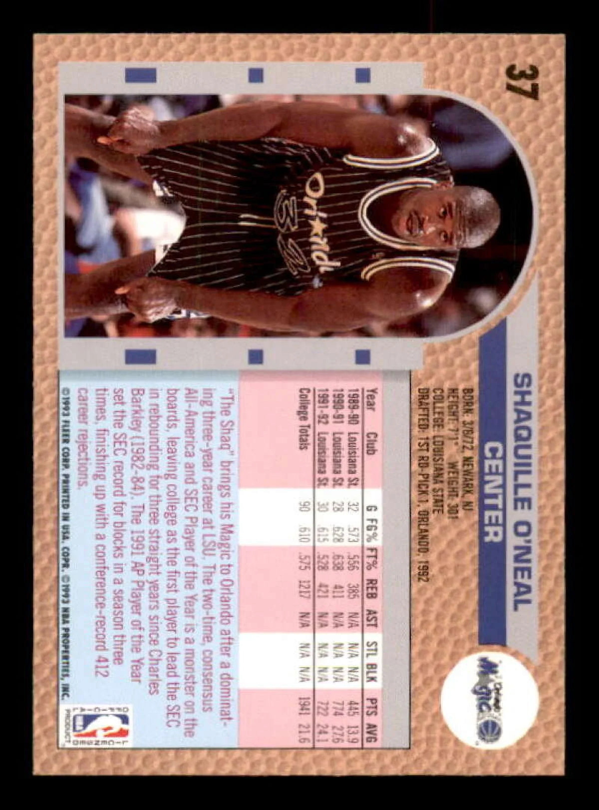 Shaquille O'Neal Rookie Card 1992-93 Fleer Drake's #37