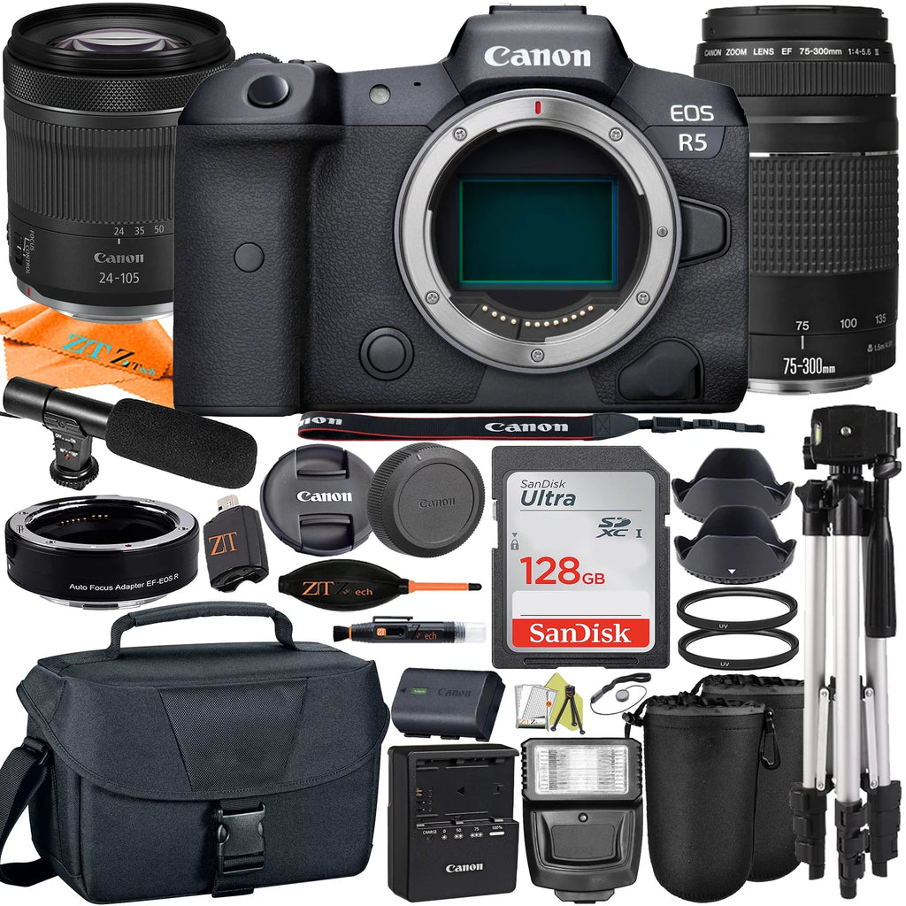 Canon EOS R5 Mirrorless Camera with RF24-105mm + 75-300mm Lens + Mount Adapter + SanDisk 128GB + ZeeTech Accessory